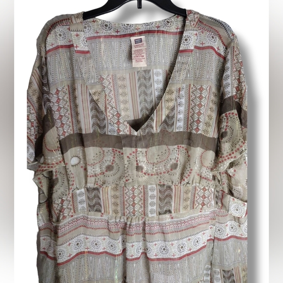 FADED GLORY | Sheer Tan,Red,Brown Butterfly Sleeve Kaftan Blouse | 22W/24W - Picture 2 of 6